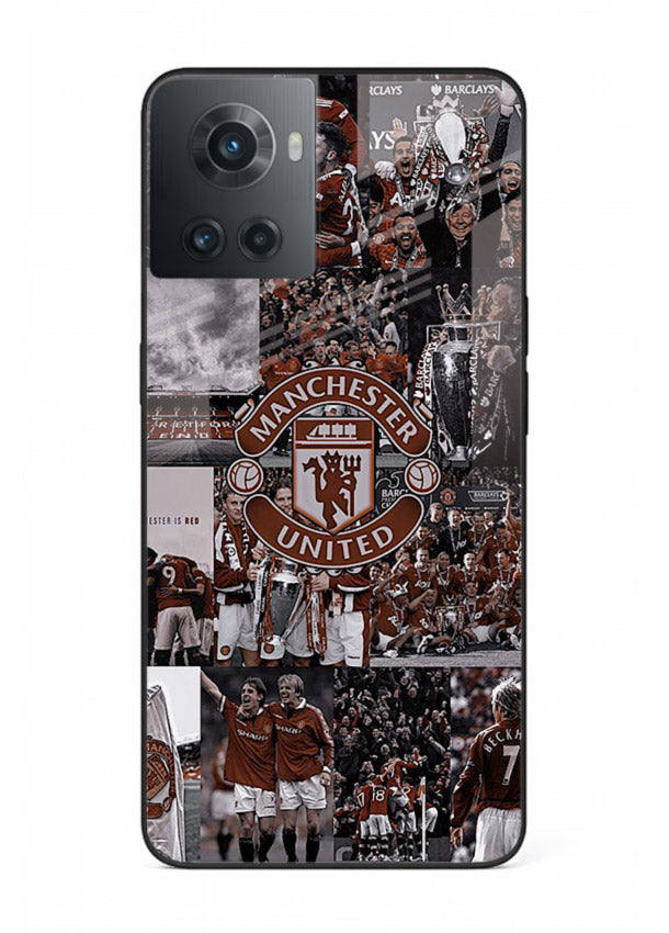 Football collage artwork printed on glossy tempered glass OnePlus 10R back cover