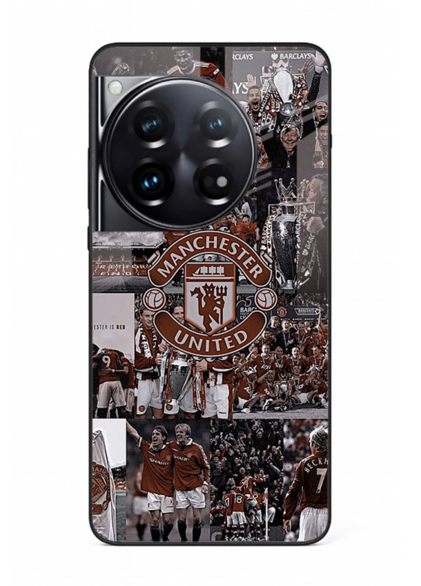 Football collage artwork printed on glossy tempered glass OnePlus 12 back cover