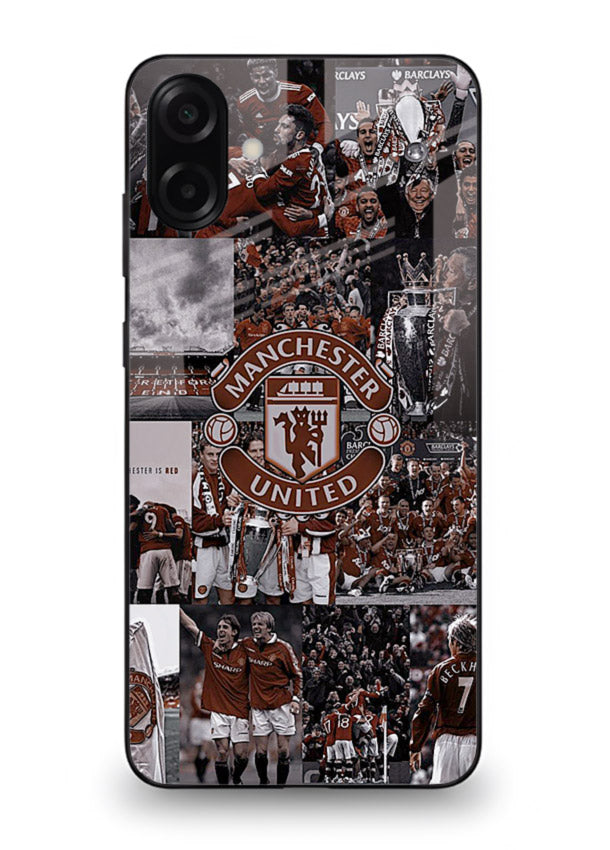 Football collage artwork printed on glossy tempered glass Samsung A06 5G back cover