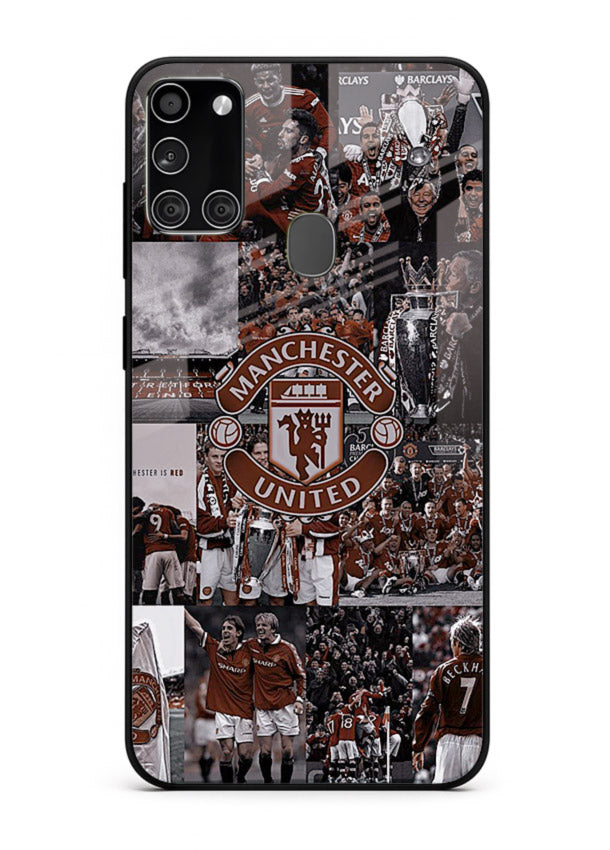 Football collage artwork printed on glossy tempered glass Samsung A21s back cover