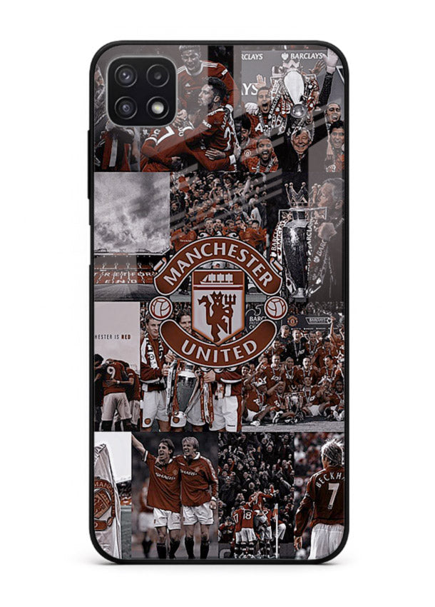 Football collage artwork printed on glossy tempered glass Samsung A22 5G back cover