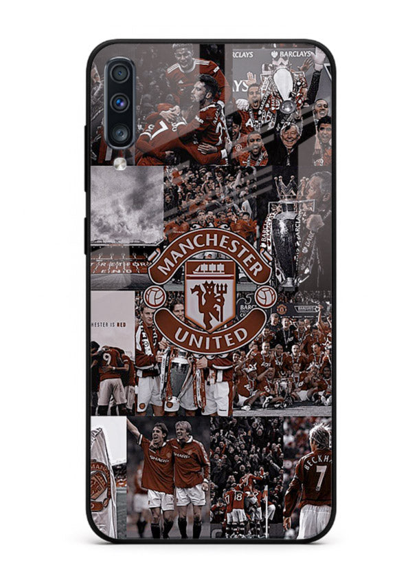 Football collage artwork printed on glossy tempered glass Samsung A50 back cover