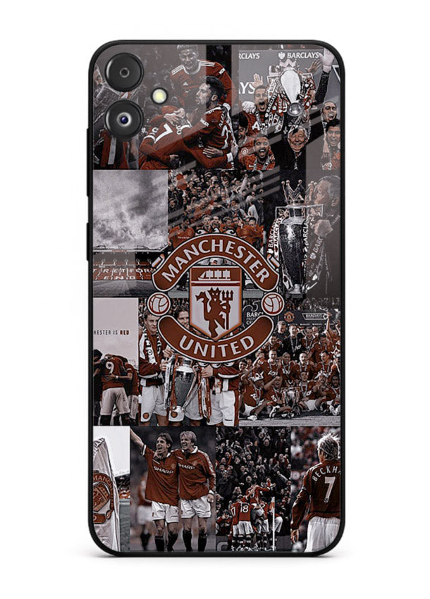 Football collage artwork printed on glossy tempered glass Samsung F05 5G back cover