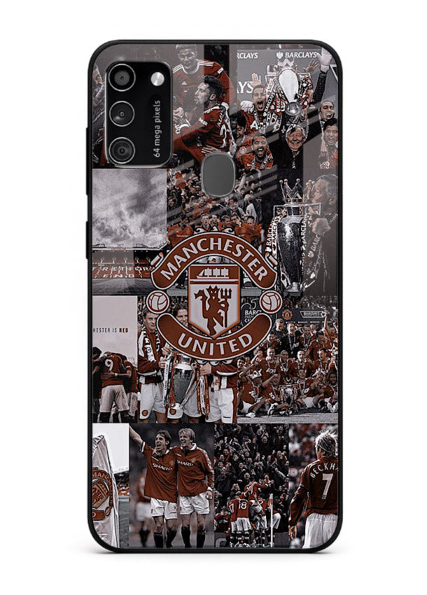 Football collage artwork printed on glossy tempered glass Samsung M30s back cover