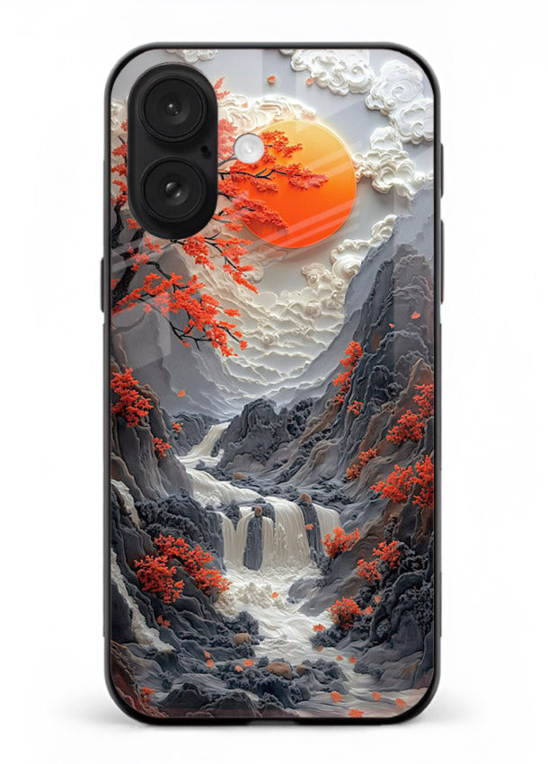 Red Forest Waterfall dramatic red forest waterfall artwork iphone 16 plus glass back cover