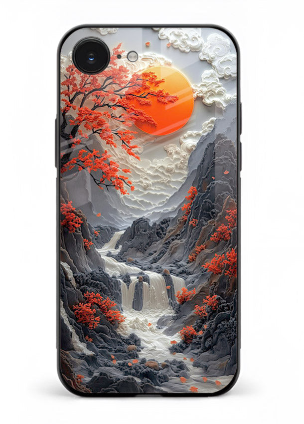 Red Forest Waterfall dramatic red forest waterfall artwork iphone 16e glass back cover