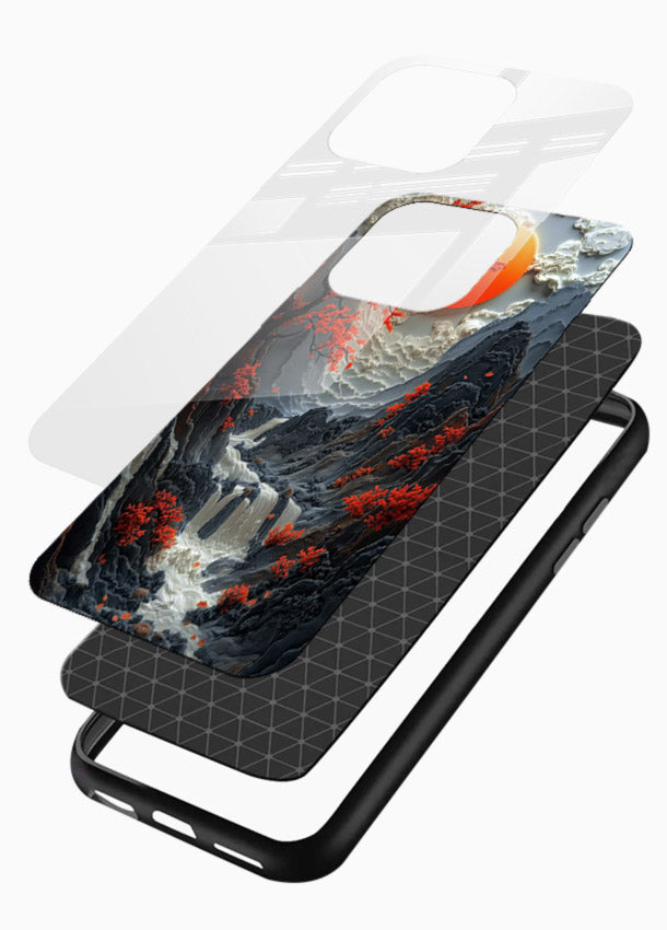 Red Forest Waterfall dramatic red forest waterfall artwork glossy vibrant premium glass back cover - Angle Layers