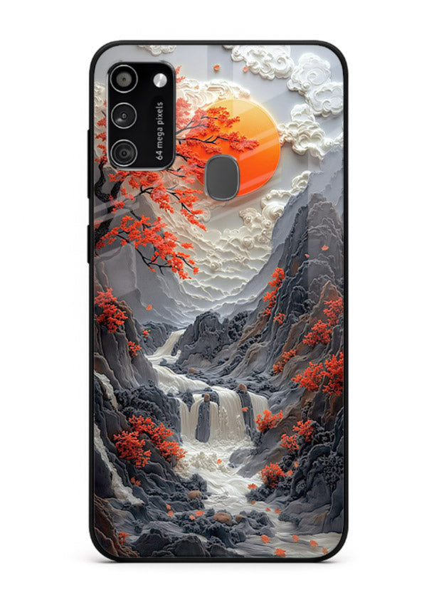 Red Forest Waterfall dramatic red forest waterfall artwork Samsung M30s glass back cover