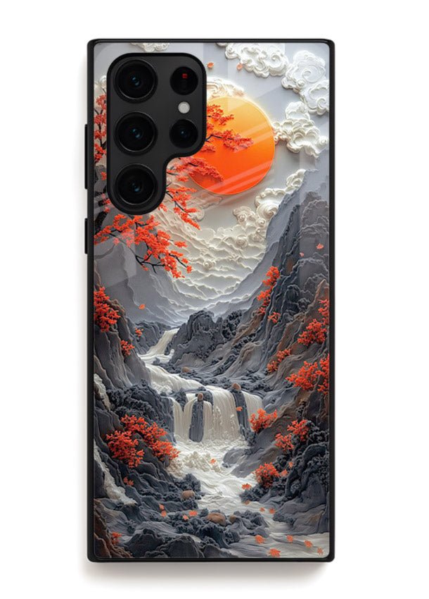 Red Forest Waterfall dramatic red forest waterfall artwork Samsung S25 Ultra glass back cover