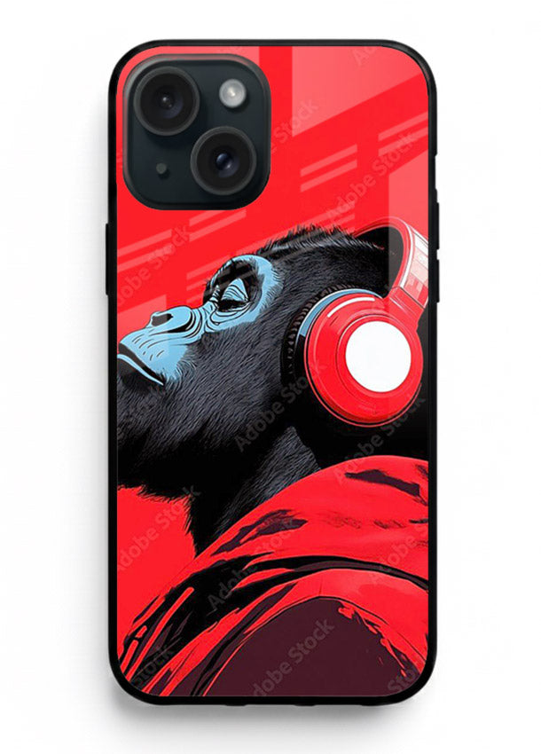 red gorilla headphones art iphone 15 plus glass cover music themed bold design case