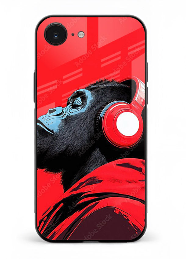 red gorilla headphones art iphone 16e glass cover music themed bold design case