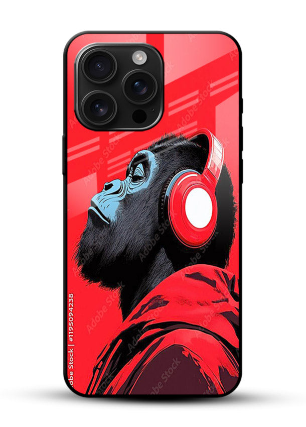 red gorilla headphones art glossy vibrant premium glass cover music themed bold design case - Angle Front