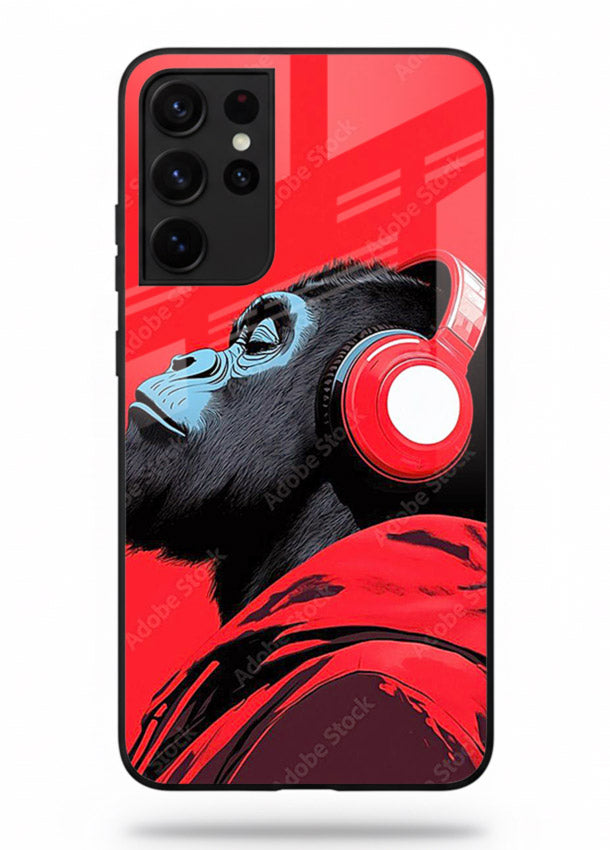 red gorilla headphones art Samsung S21 Ultra glass cover music themed bold design case