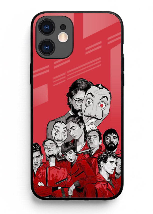 Red masked crew artwork printed on glossy tempered glass iPhone 11 back cover