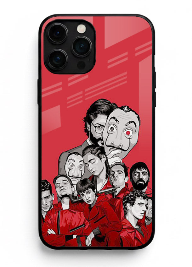Red masked crew artwork printed on glossy tempered glass iPhone 12 Pro Max back cover