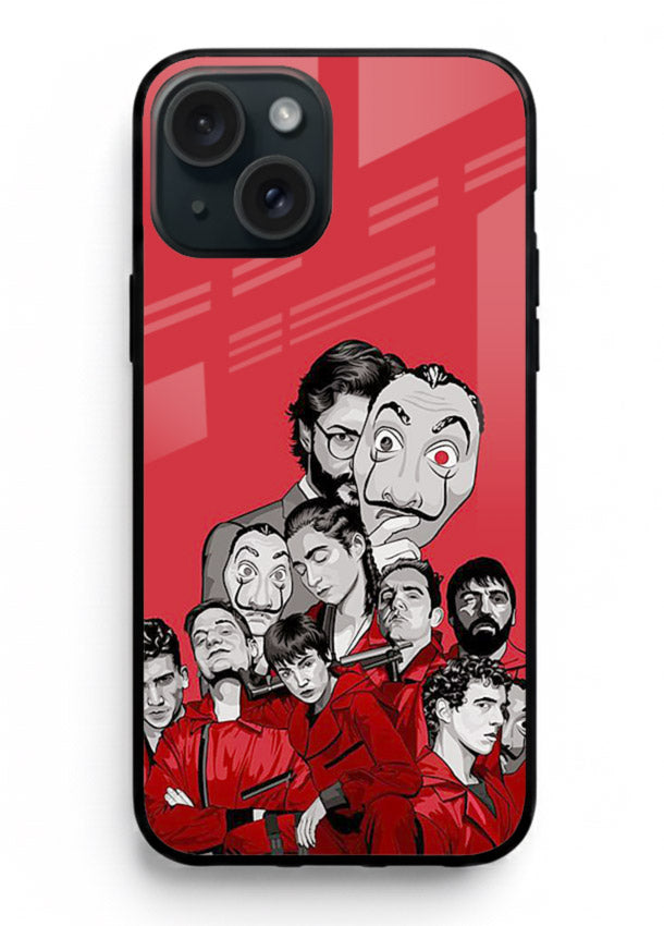 Red masked crew artwork printed on glossy tempered glass iPhone 15 Plus back cover
