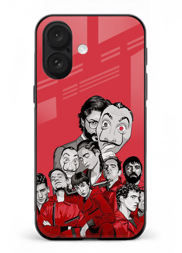 Red masked crew artwork printed on glossy tempered glass iPhone 16 Plus back cover