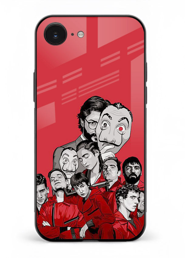 Red masked crew artwork printed on glossy tempered glass iPhone 16E back cover