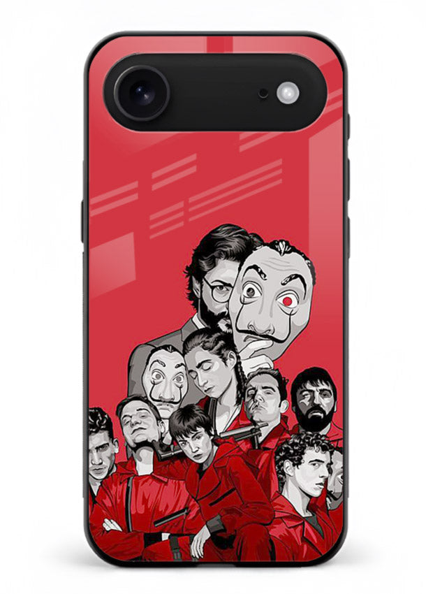 Red masked crew artwork printed on glossy tempered glass iPhone 18 Air back cover