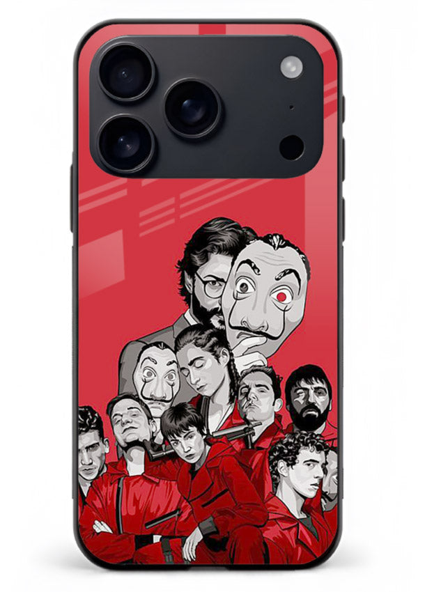 Red masked crew artwork printed on glossy tempered glass iPhone 17 Pro Max back cover