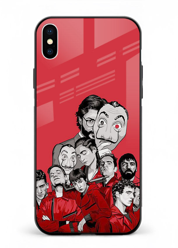 Red masked crew artwork printed on glossy tempered glass iPhone XS Max back cover