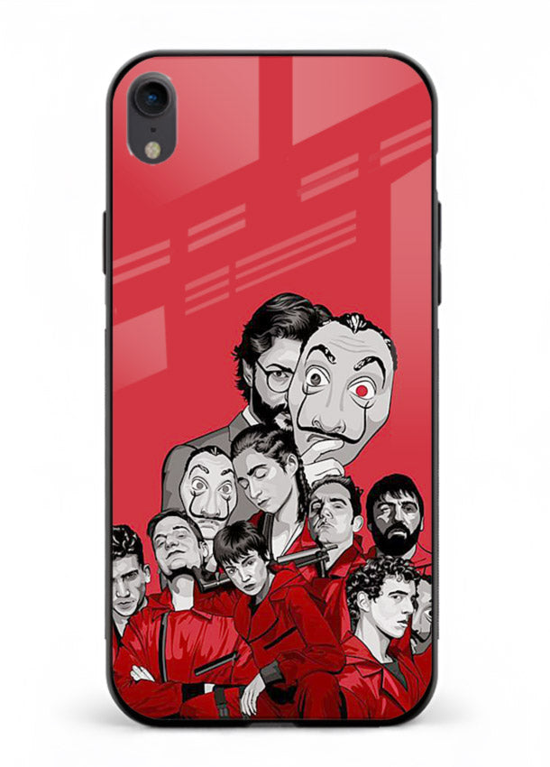 Red masked crew artwork printed on glossy tempered glass iPhone XR back cover