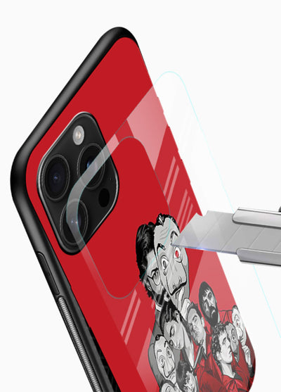 Red masked crew artwork printed on glossy tempered glass phone back cover - 4