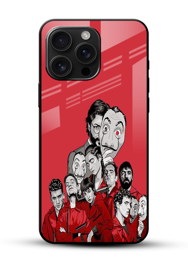 Red masked crew artwork printed on glossy tempered glass phone back cover - 1