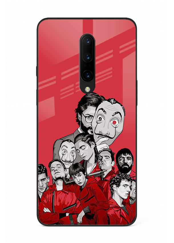Red masked crew artwork printed on glossy tempered glass OnePlus 7 Pro back cover