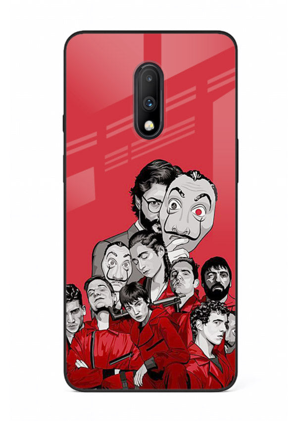 Red masked crew artwork printed on glossy tempered glass OnePlus 7 back cover