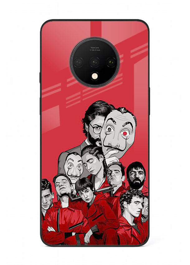 Red masked crew artwork printed on glossy tempered glass OnePlus 7T back cover