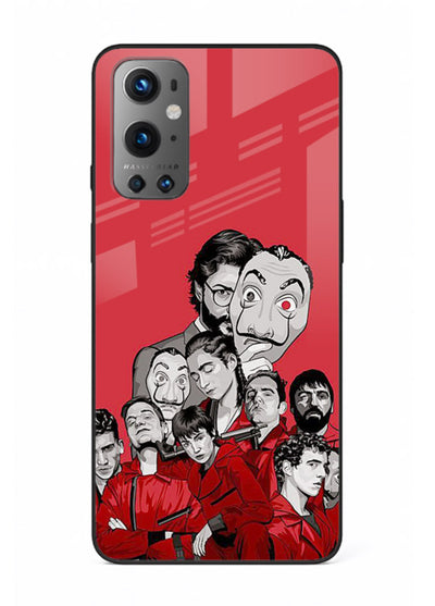Red masked crew artwork printed on glossy tempered glass OnePlus 9 back cover