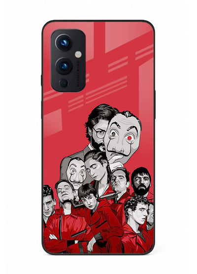 Red masked crew artwork printed on glossy tempered glass OnePlus 9 Pro back cover