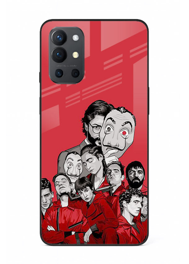 Red masked crew artwork printed on glossy tempered glass OnePlus 9R back cover