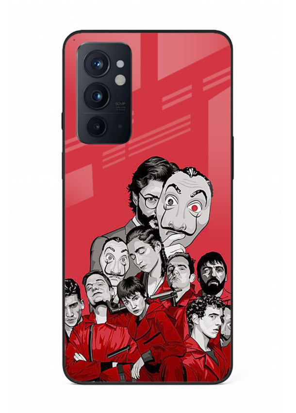 Red masked crew artwork printed on glossy tempered glass OnePlus 9RT back cover