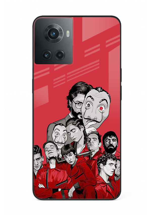 Red masked crew artwork printed on glossy tempered glass OnePlus 10R back cover