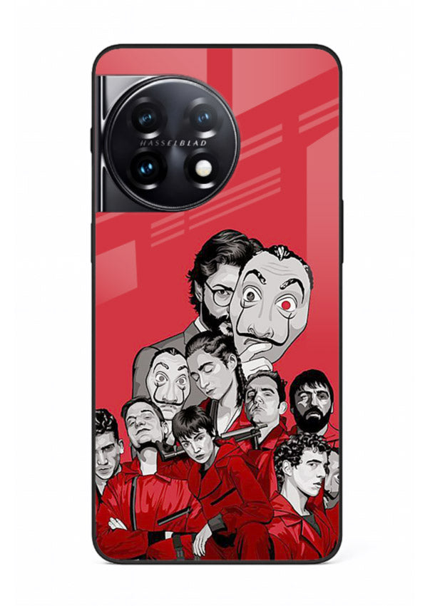 Red masked crew artwork printed on glossy tempered glass OnePlus 11R back cover