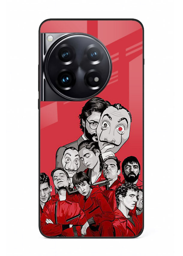 Red masked crew artwork printed on glossy tempered glass OnePlus 12 back cover