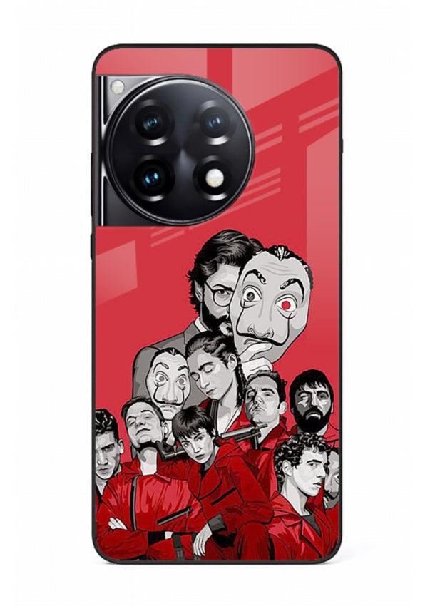 Red masked crew artwork printed on glossy tempered glass OnePlus 12R back cover