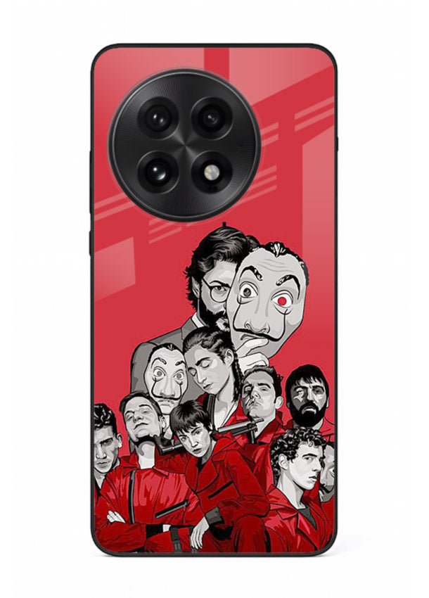 Red masked crew artwork printed on glossy tempered glass OnePlus 13 back cover