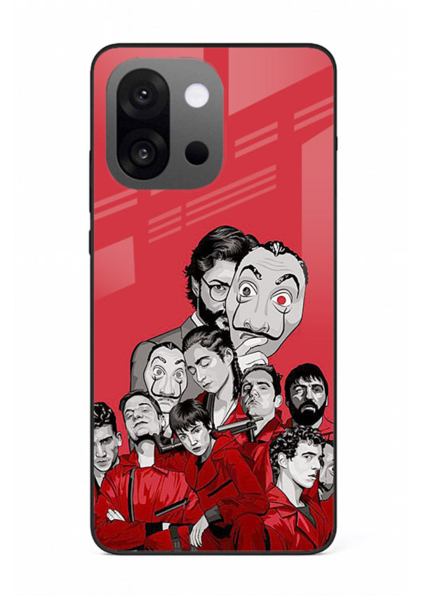 Red masked crew artwork printed on glossy tempered glass OnePlus 13s back cover