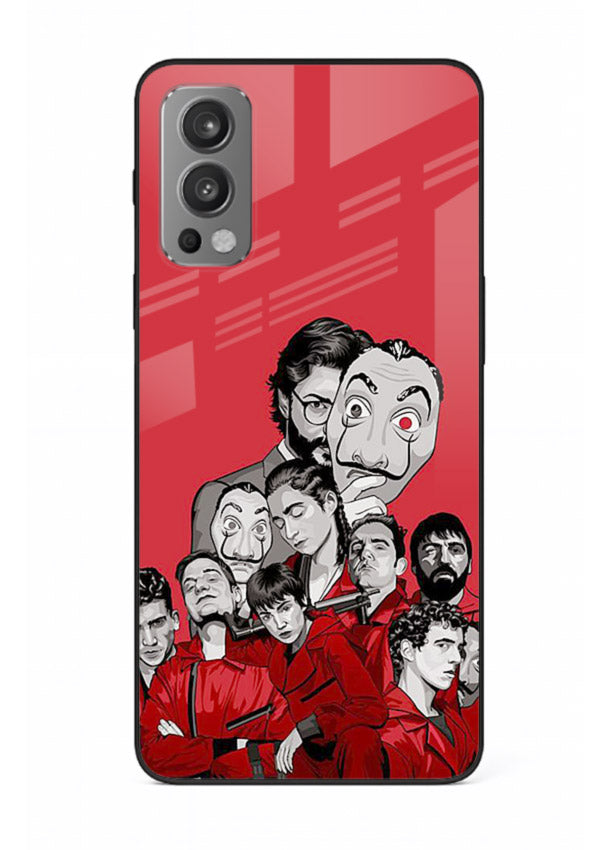 Red masked crew artwork printed on glossy tempered glass OnePlus Nord 2 back cover