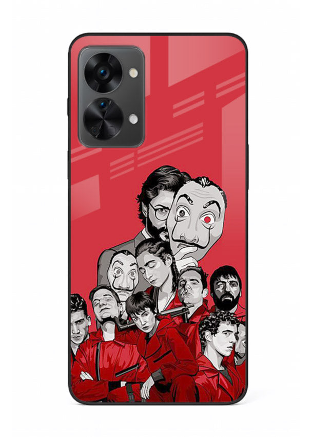 Red masked crew artwork printed on glossy tempered glass OnePlus Nord 2T back cover