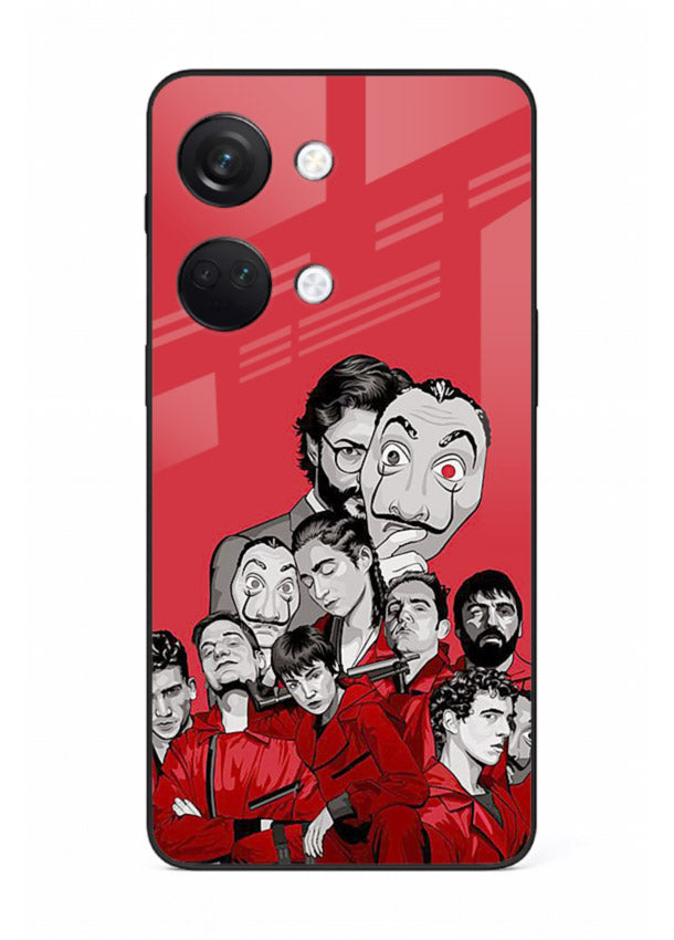 Red masked crew artwork printed on glossy tempered glass OnePlus Nord 3 back cover