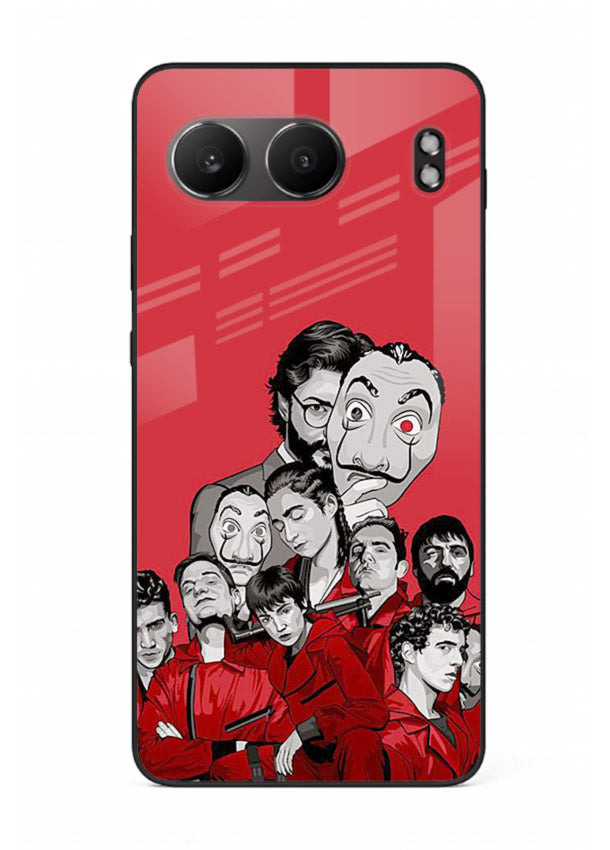 Red masked crew artwork printed on glossy tempered glass OnePlus Nord 4 back cover