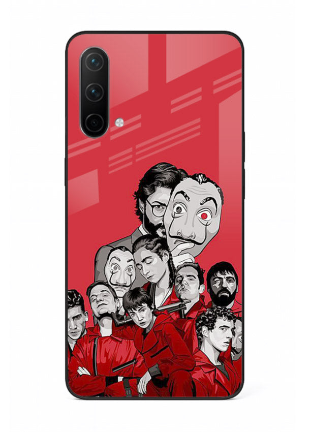 Red masked crew artwork printed on glossy tempered glass OnePlus Nord CE 5G back cover