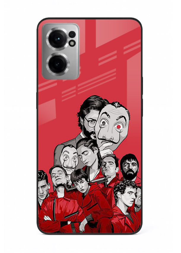 Red masked crew artwork printed on glossy tempered glass OnePlus Nord CE2 5G back cover