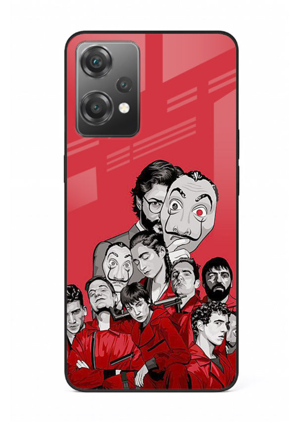 Red masked crew artwork printed on glossy tempered glass OnePlus Nord CE2 Lite 5G back cover