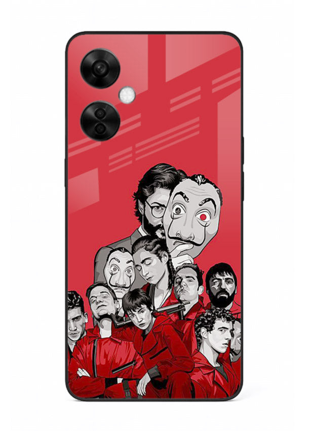 Red masked crew artwork printed on glossy tempered glass OnePlus Nord CE3 Lite back cover