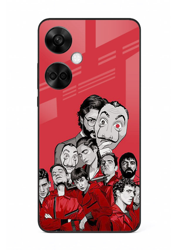 Red masked crew artwork printed on glossy tempered glass OnePlus Nord CE3 back cover